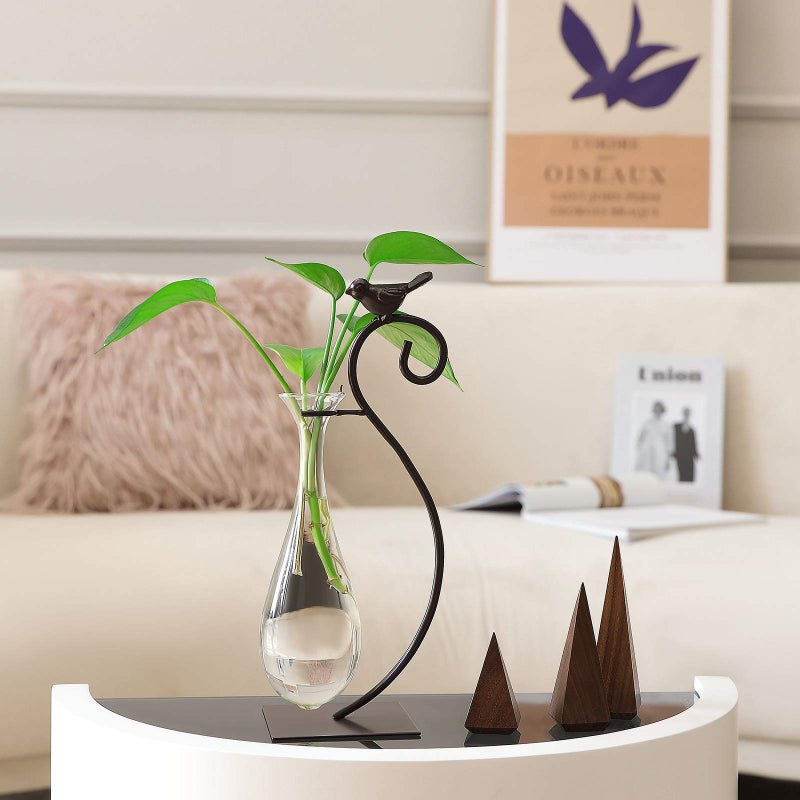 Marbrasse Desktop Glass Planter Hydroponics Vase Planter Bulb Vase with Holder for Home Decoration Modern Creative Bird Plant Terrarium Stand  Scindapsus Container (Water Drop Vase) - Image 2